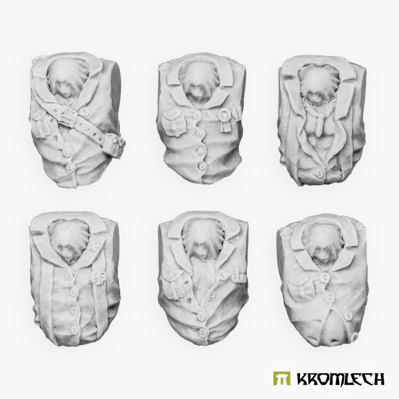 Render of the six torsos in white, each sculpt different