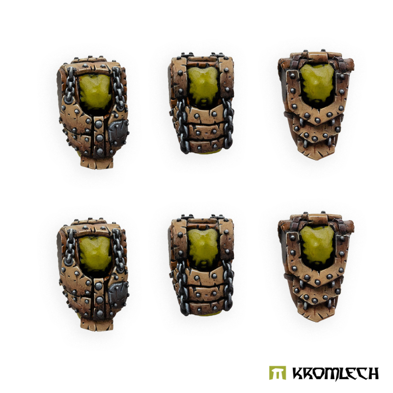 Kromlech Orc Armoured Torsos painted: six riveted leather and steel chests with chains over green skin
