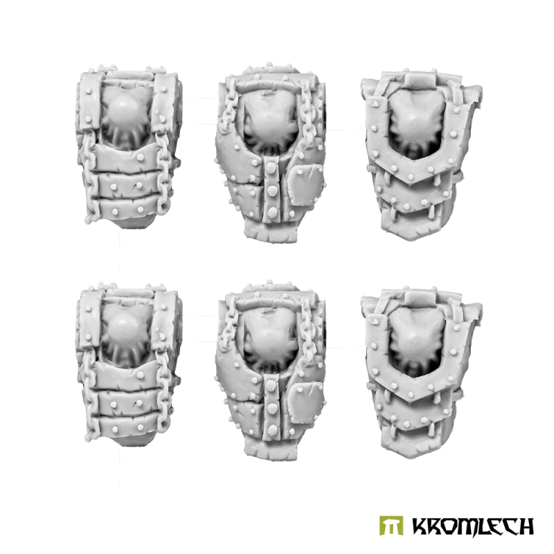 The six armoured torsos in grey resin, three designs in two rows