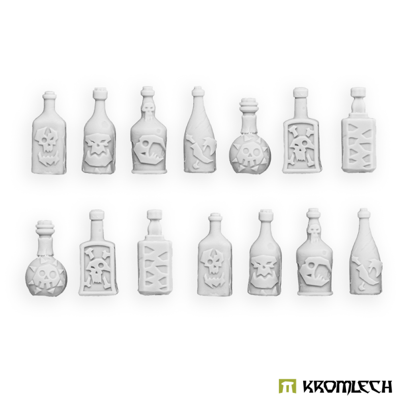 Kromlech Orc Bottles: fourteen grey resin bottles in two rows, seven designs with skulls, faces and glyphs