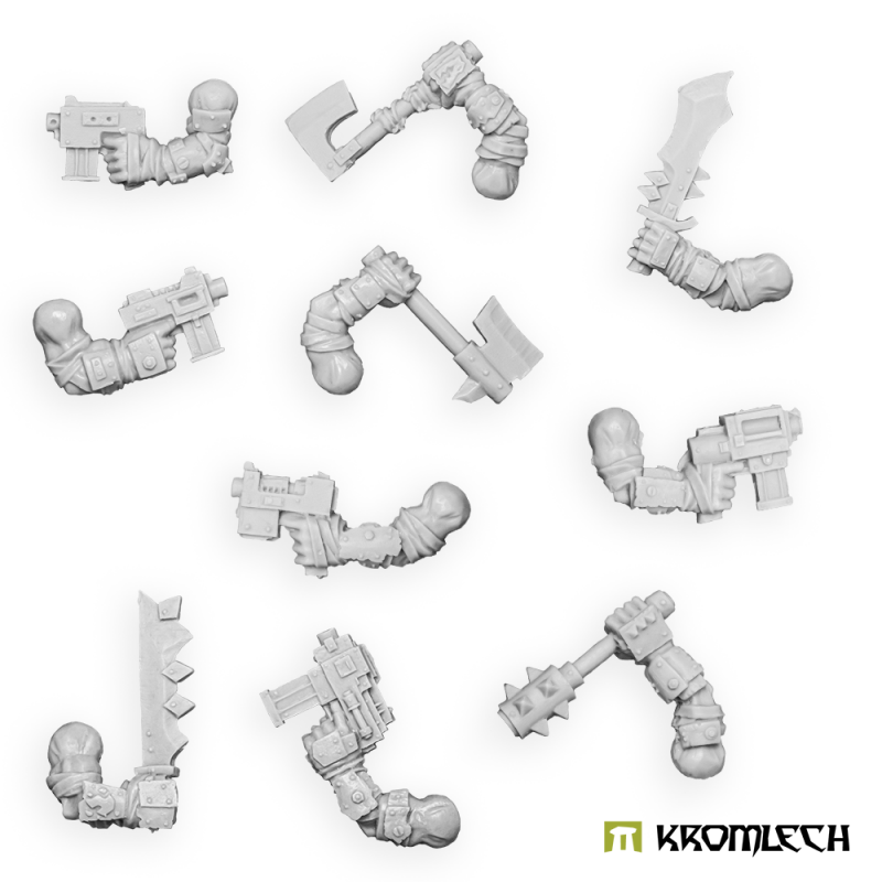 Kromlech Orc CCW Arms: ten grey resin orc arms, five with pistols and five with axes, blades and a mace