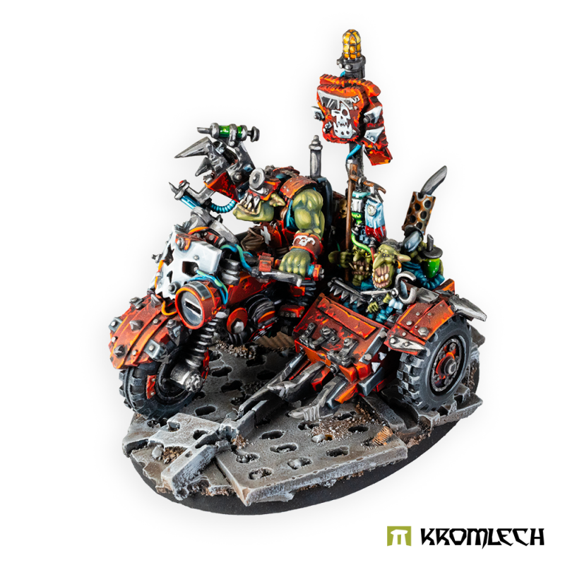 The painted model from the front corner, skull fairing and sidecar wheel