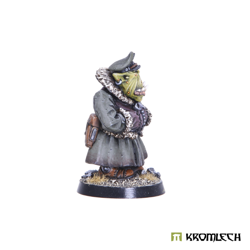 The painted Orc Commissar from the side, a satchel at his hip
