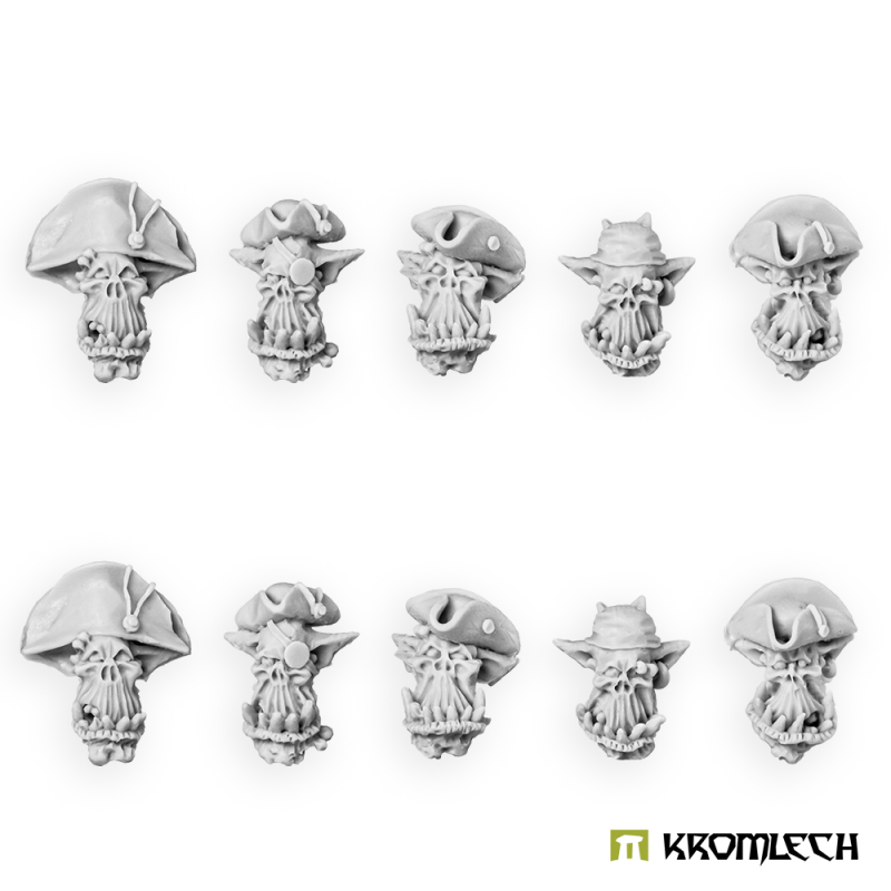 The ten Cutthroats heads in grey resin, five designs in two rows
