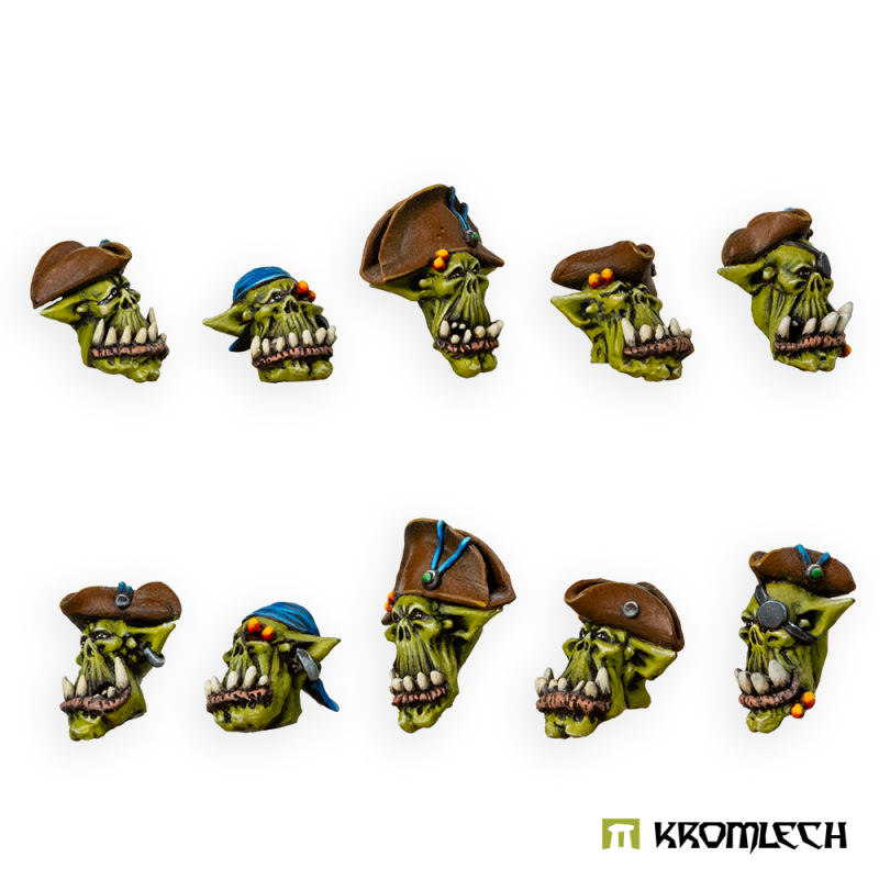 Kromlech Orc Cutthroats Heads painted: ten orc pirate heads in tricorn hats and bandanas, in two rows