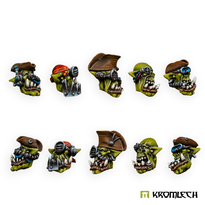 Kromlech Orc Cyber Pirates Heads painted: ten orc heads with goggles, bionic eyes and pirate hats, in two rows