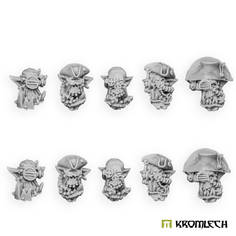 The ten Cyber Pirates heads in grey resin, five designs in two rows