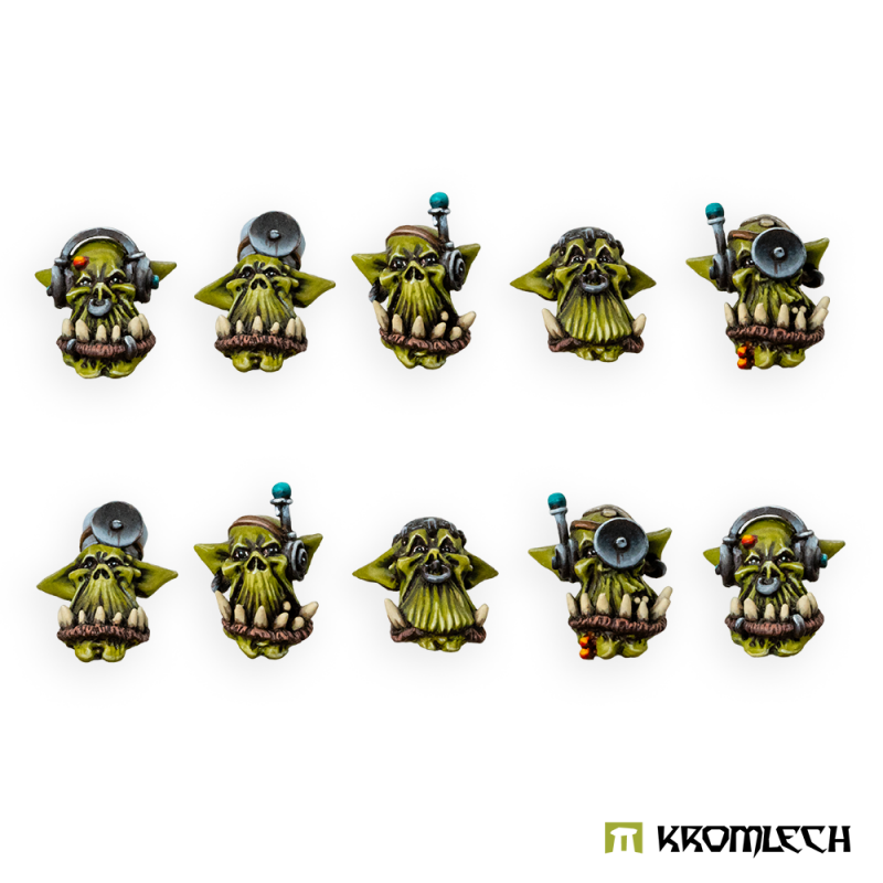 Kromlech Orc Doctor Heads painted: ten orc heads with head mirrors, lenses and earpieces, in two rows