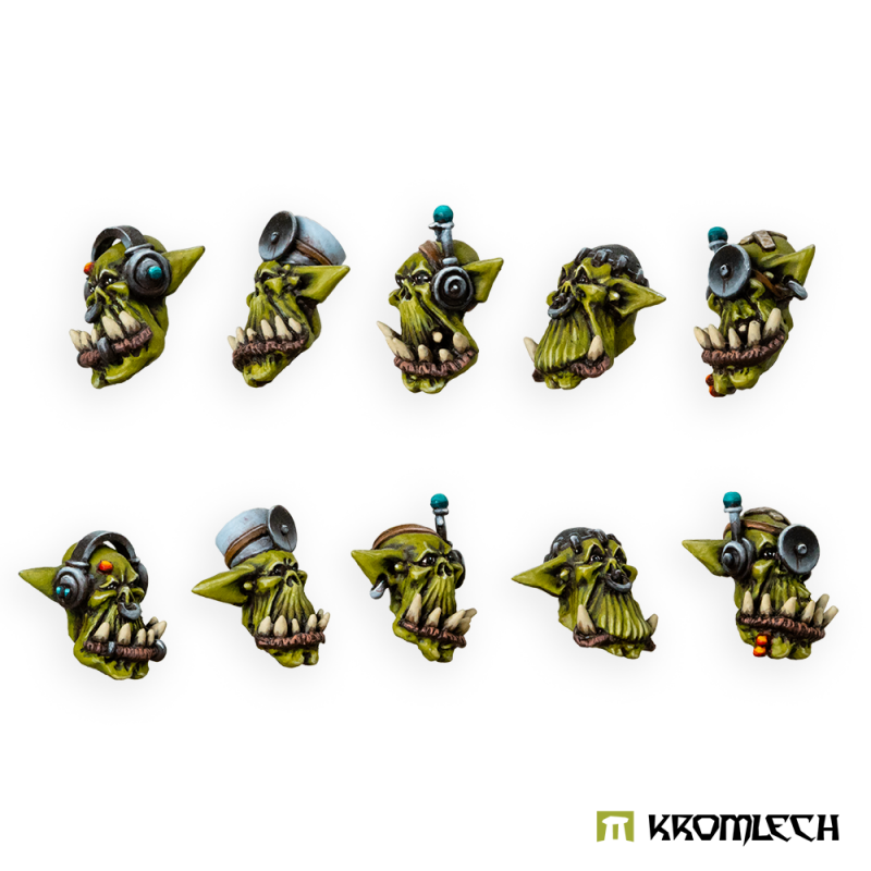 The ten painted Doctor Heads seen from the side