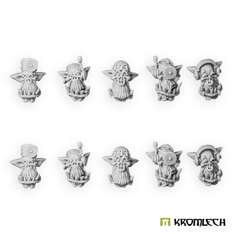 The ten Doctor Heads in grey resin, five sculpts in two rows