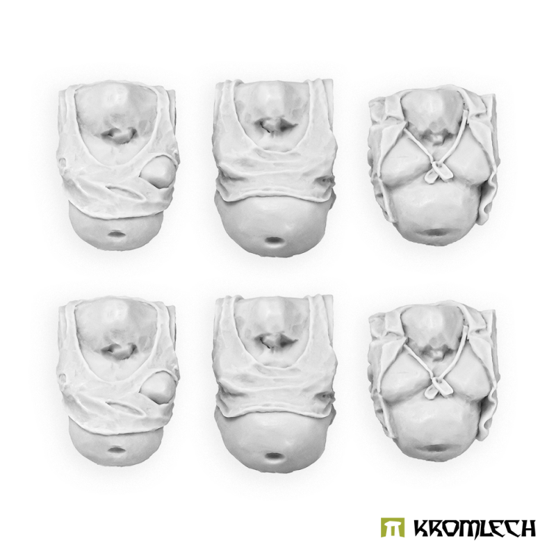 The six Fatties torsos in grey resin, three designs in two rows