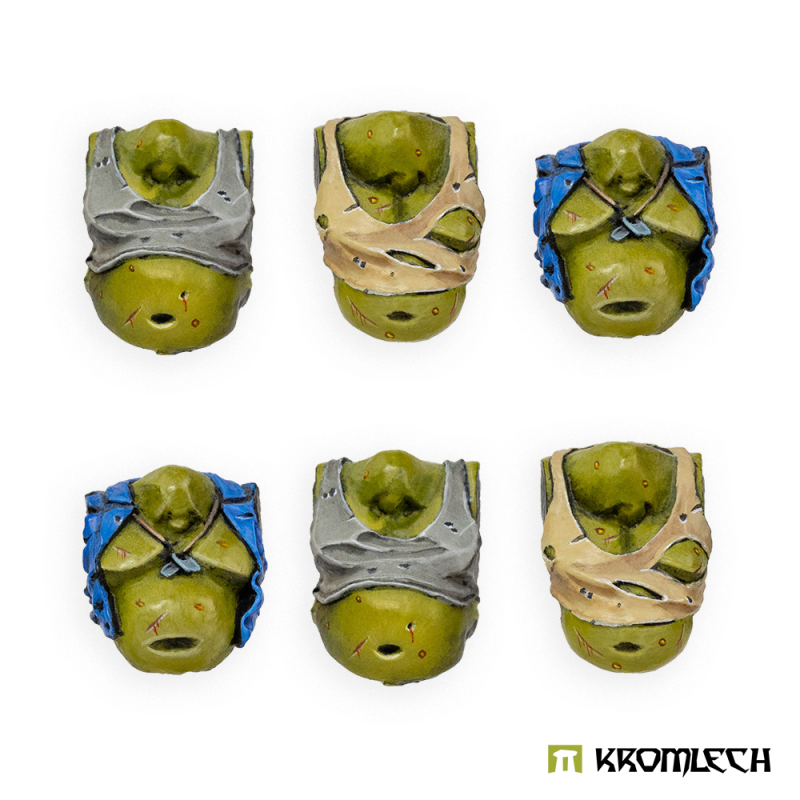 Kromlech Orc Fatties Torsos painted: six big-bellied orc torsos in grey, tan and blue tops, in two rows