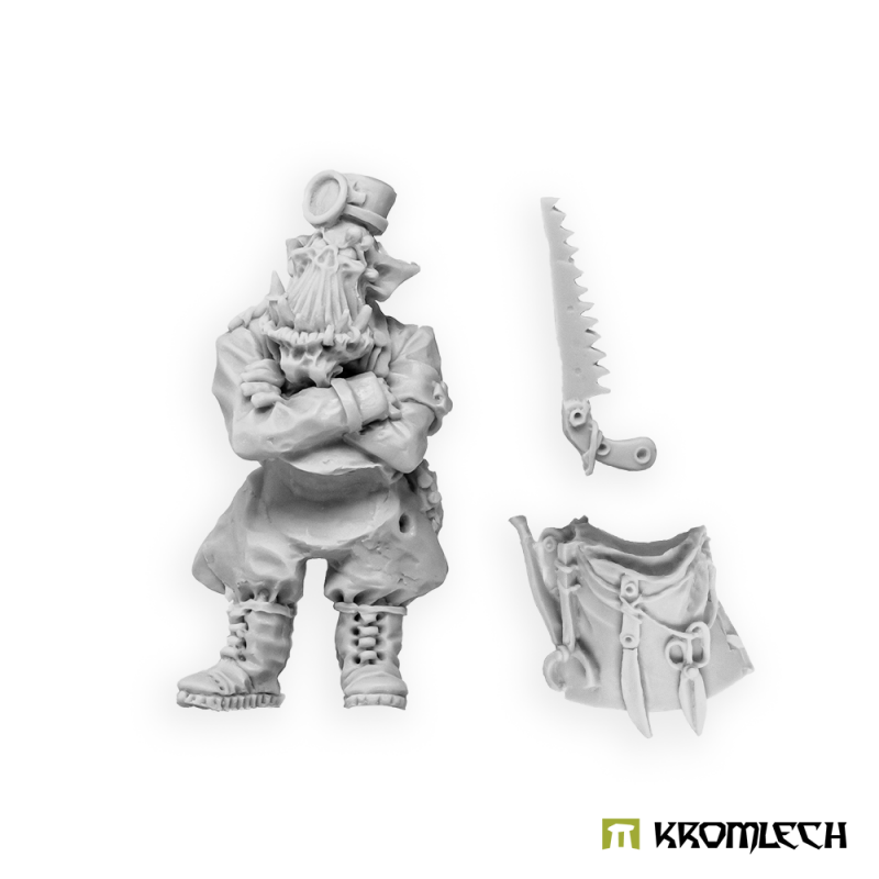 The Field Chirurgeon in grey resin beside his separate saw and tool apron