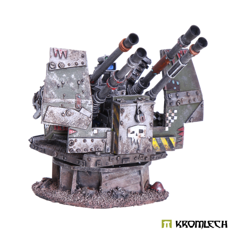 Kromlech Orc Flakvierling painted: a four-barrelled anti-aircraft gun with armoured shields on a pedestal base