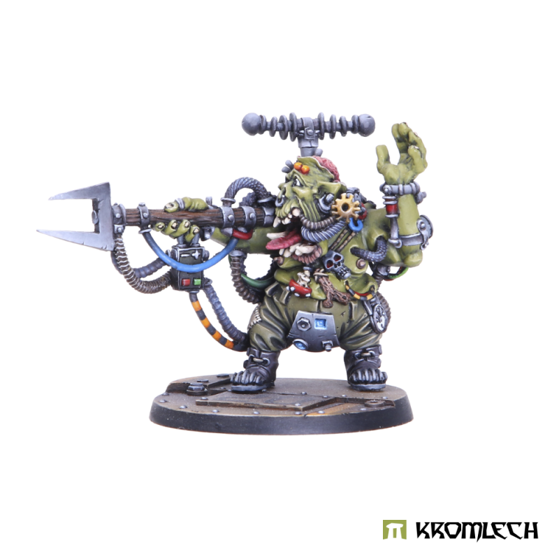 Kromlech Orc Freak painted: a squat orc in a wired suit aiming a long two-pronged claw rod