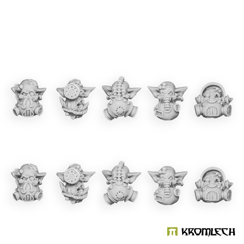 The ten Gasmask Heads in grey resin, five sculpts in two rows