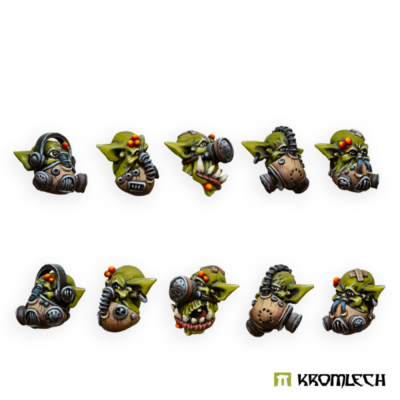 The ten painted Gasmask Heads seen from the side