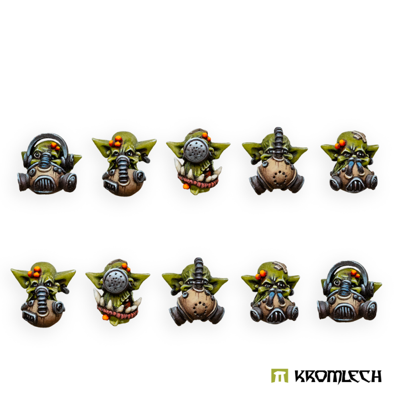 Kromlech Orc Gasmask Heads painted: ten orc heads in twin-filter gas masks, in two rows