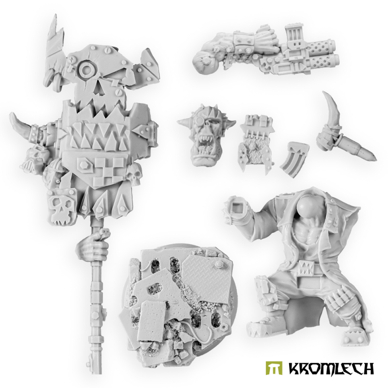 Banner bearer parts in pale grey resin: banner and pole, body, head, gun, horn and the round base