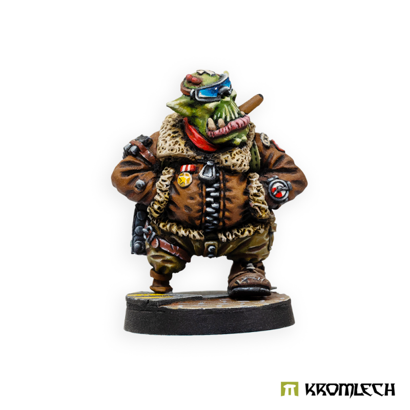 Kromlech Orc Green Baron painted: a stout orc pilot in a fur-collared leather jacket, goggles and medals, on a round base