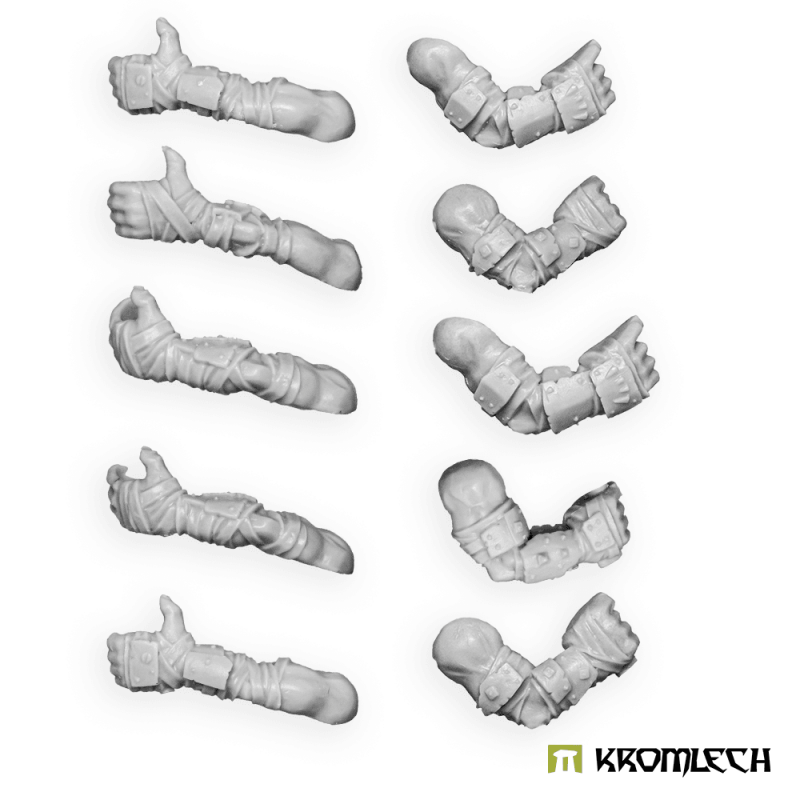 Kromlech Orc Gun Holding Arms in grey resin: five strapped left arms reaching forward and five bent right arms with fists