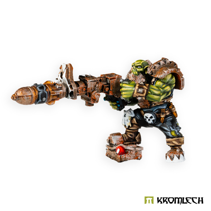 Kromlech Orc Gunner painted: a braced orc in a riveted harness firing a heavy rocket gun