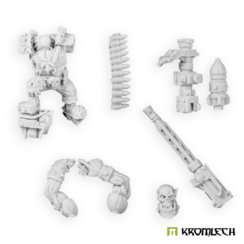 The Orc Gunner parts rendered in white: body, arms, both guns, ammo belt and head