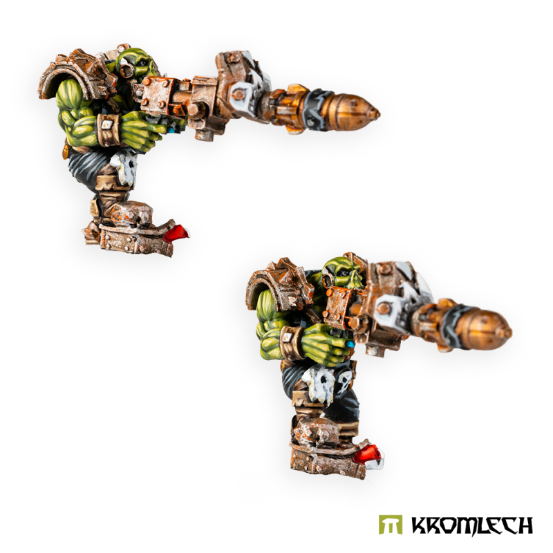 Two painted Orc Gunners, built with rocket guns