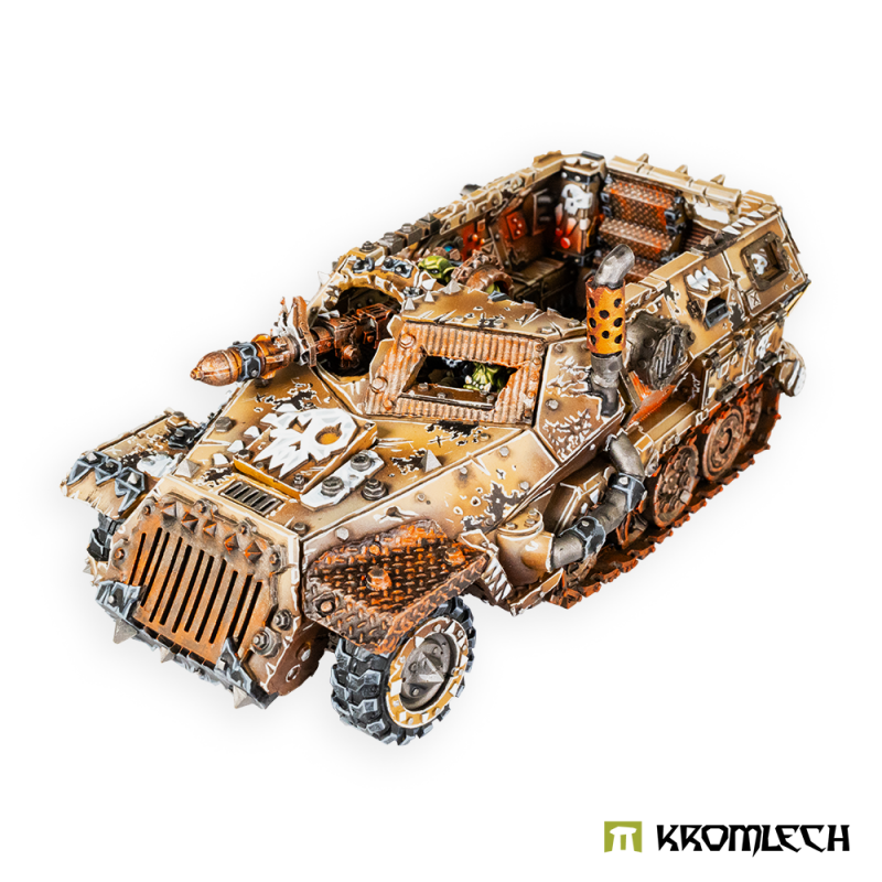 Kromlech Orc Headkrasha Greatcoats Transporta Halftrakk painted: a sand-coloured armoured troop halftrack
