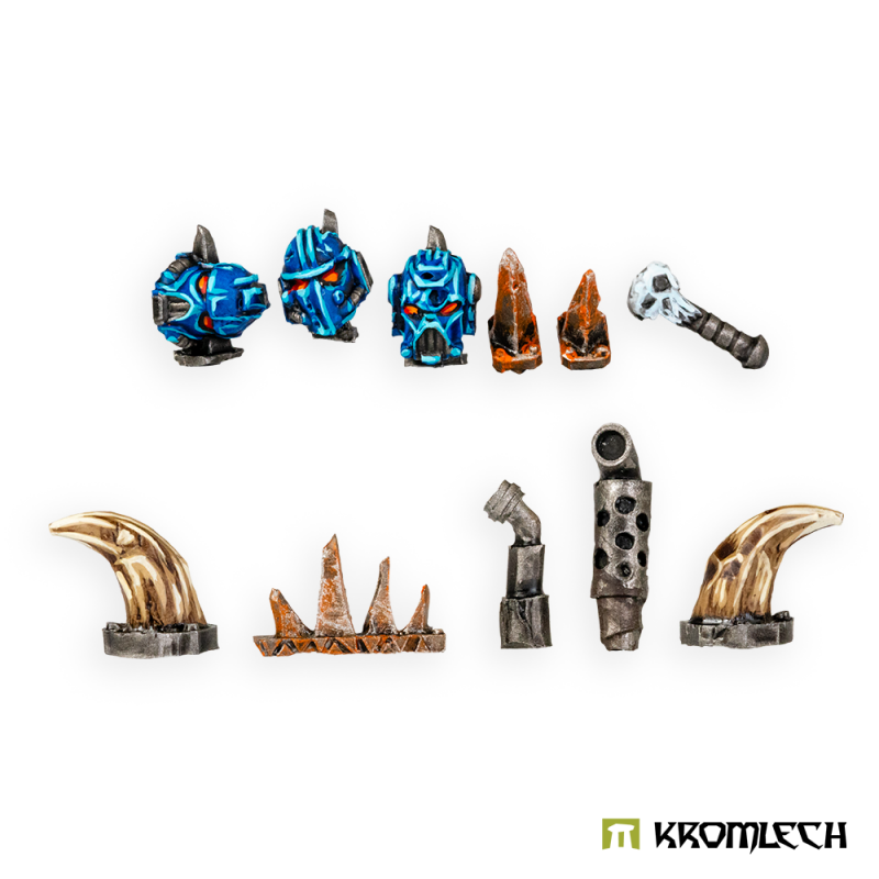 Spare bits for the Headkrasha: spikes, horns, exhausts and a club, painted