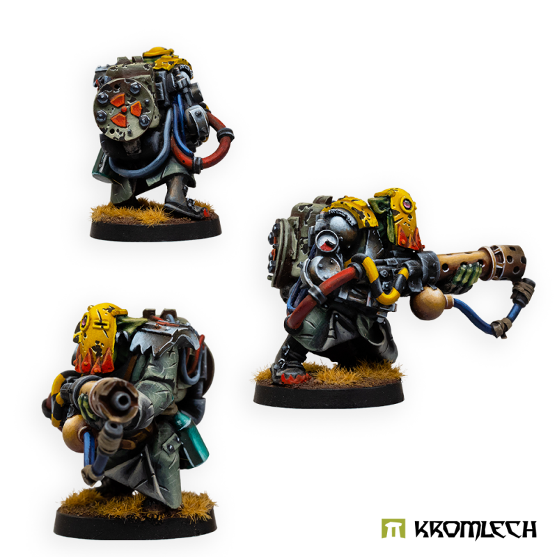 Kromlech Orc Incinerator Team painted: orcs in greatcoats and yellow iron masks, one aiming a heavy flamer