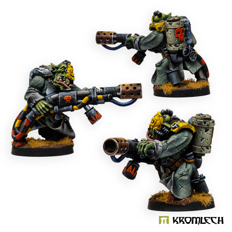 Three painted Incinerators aiming flamers with perforated muzzles, fuel tanks on their backs