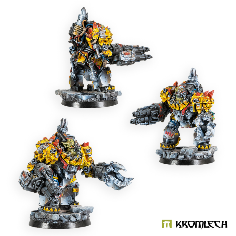 Kromlech Orc Juggernaut Mecha-Armour Squad painted: three yellow armoured orcs with guns, drills and saws