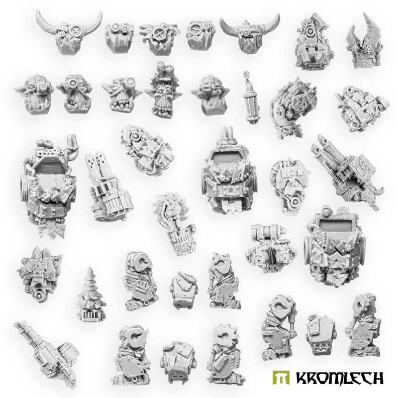 All the squad's resin parts in grey: heads, torsos, legs, guns and close combat arms