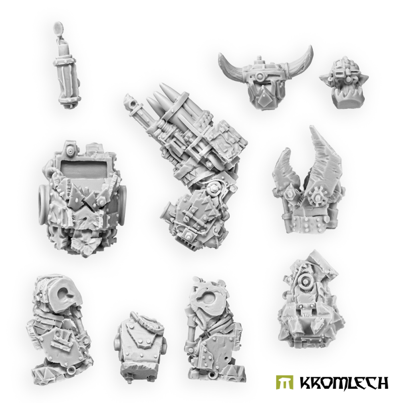 The resin parts in grey: rocket arm, crusher, torso, legs and heads