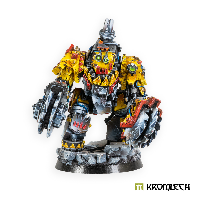 Kromlech Orc Juggernaut with Rippa Buzzsaws painted: a yellow armoured orc with a big saw blade on each arm