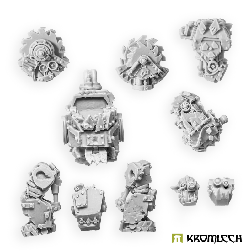The resin parts in grey: two buzzsaw arms, torso, legs and heads