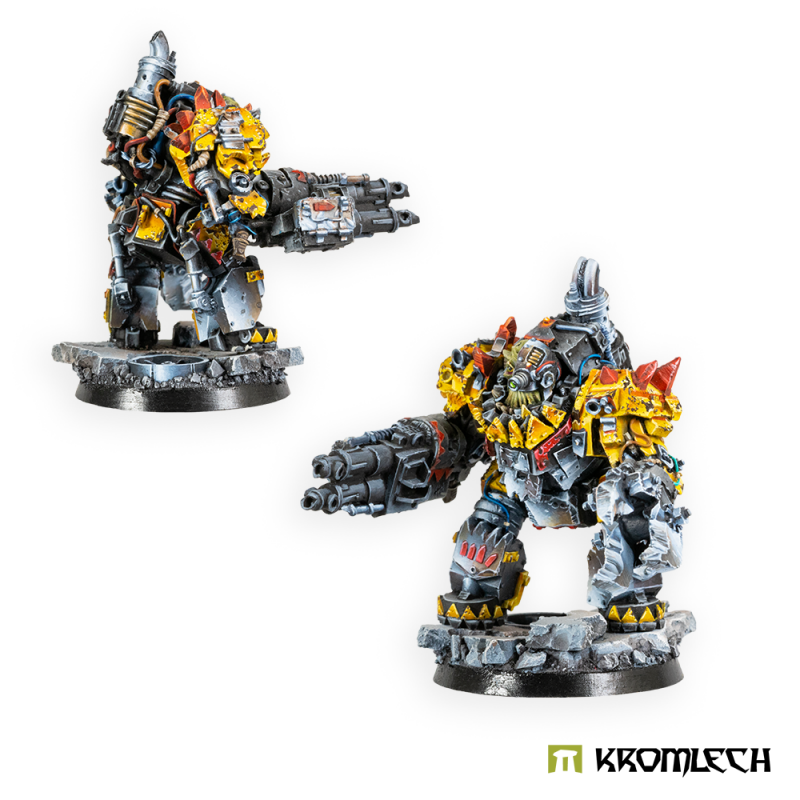 Two painted Juggernauts from different angles