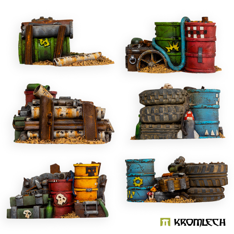 Kromlech Orc Junk City Fuel and Ammo Piles painted: six scatter heaps of oil drums, crates, tyres and scrap