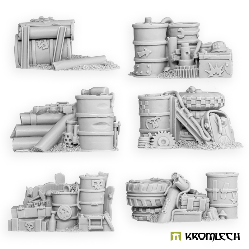 The six Fuel and Ammo Piles in grey resin