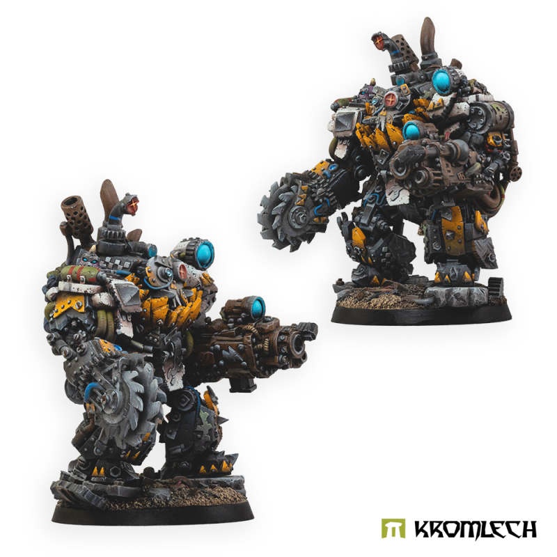 Two painted views of the Mech-Boss, one with a round saw arm