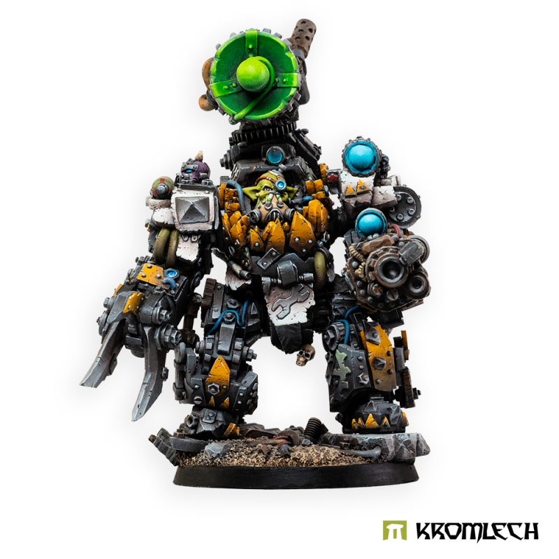 Kromlech Orc Mech-Boss in Kustom Mecha-Armour painted: an armoured orc with claw and gun arms, a green dish on its back