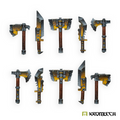 Kromlech Orc Melee Weapons painted: ten orc axes, cleavers and hammers with yellow and steel heads, in two rows