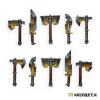 Kromlech Orc Melee Weapons painted: ten orc axes, cleavers and hammers with yellow and steel heads, in two rows