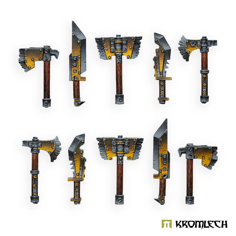 Kromlech Orc Melee Weapons painted: ten orc axes, cleavers and hammers with yellow and steel heads, in two rows