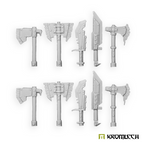 The ten Orc Melee Weapons in grey resin, five designs in two rows