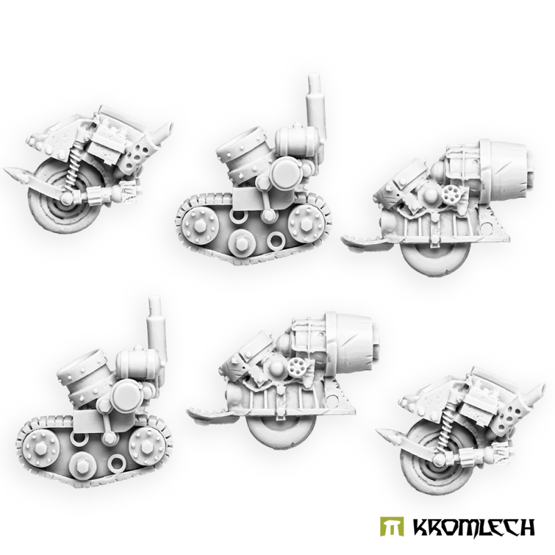 The six Orc Monowheels in grey resin: spiked wheels, short tracks and drum hulls