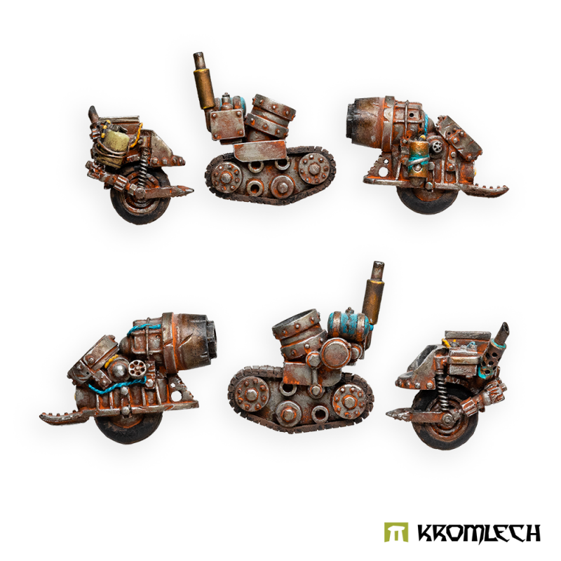 Kromlech Orc Monowheels painted: six rusty orc wheel and track units in two rows