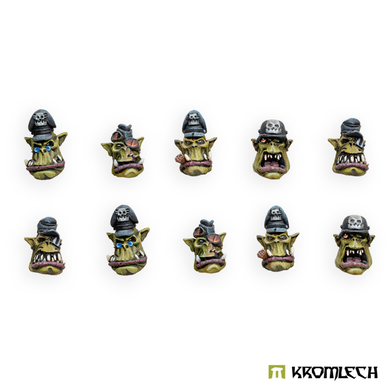 Kromlech Orc Officer Heads painted: ten green orc heads in dark caps and helmets with skull badges