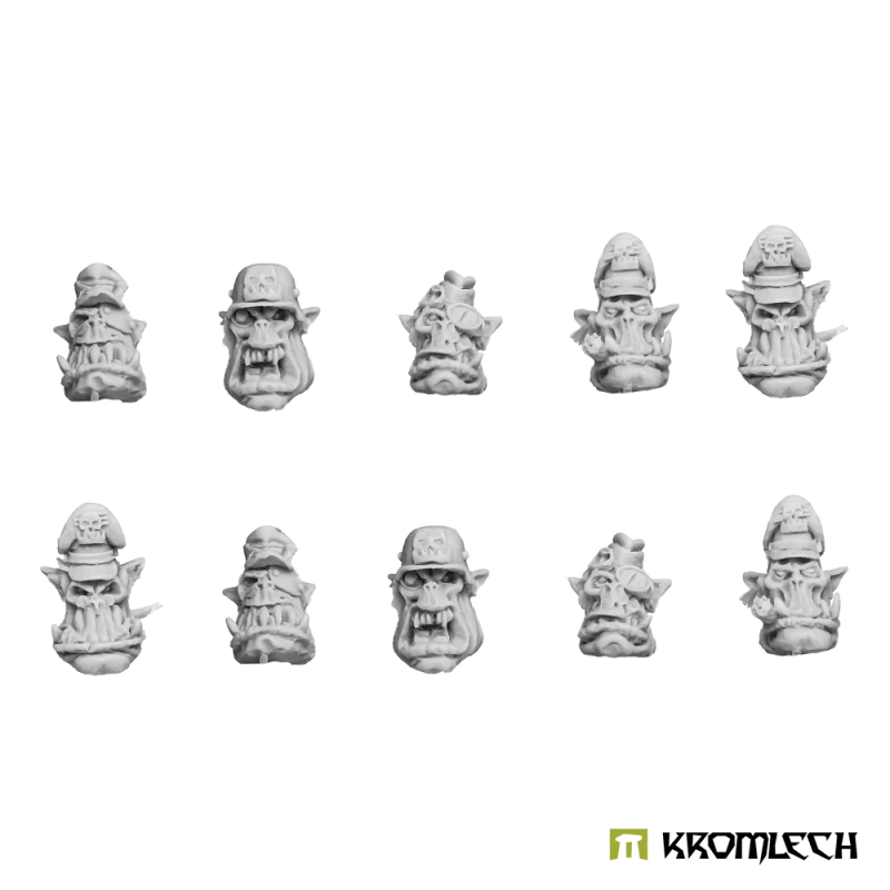 The ten Orc Officer Heads in grey resin, five sculpts in two rows